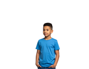 Young boy in blue tshirt with hands in pockets looking to the side