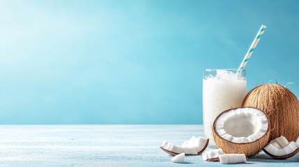 A refreshing coconut shake sits beside half of a fresh coconut, with a colorful straw adding a playful touch, all against a serene blue background emphasizes tropical vibes.