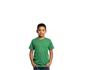 Young Boy in Green TShirt with Hands in Pockets Smiling Gently