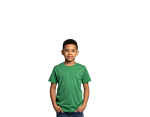 Young Boy in Green TShirt with Hands in Pockets Smiling Gently