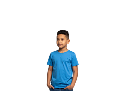 Young boy in blue tshirt with hands in pockets looking to the side - Powered by Adobe