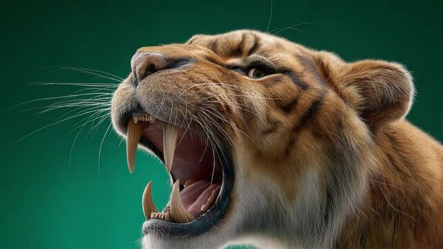 Roaring Saber-Tooth: A fierce saber-tooth tiger, its massive teeth bared in a menacing roar, captures the raw power and untamed spirit of the prehistoric era.