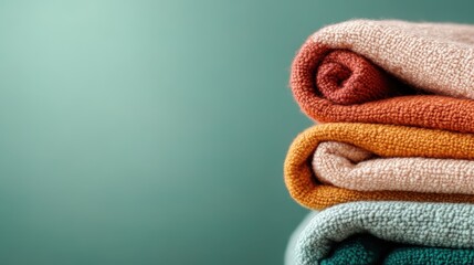 An aesthetic arrangement of neatly folded colorful towels creates a pleasing visual effect, emphasizing comfort and hygiene in a spa-like environment for everyday use.