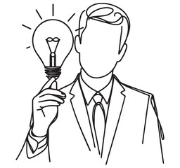 Man with Light Bulb Idea: Single Line Drawing of Businessman in Suit Holding Glowing Lightbulb, Business Innovation Concept Illustration
