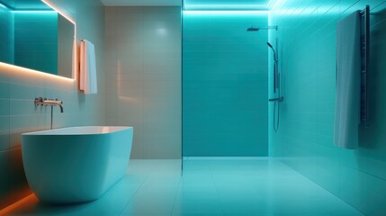 A beautifully designed modern bathroom featuring a stylish tub, shower, and sleek lines illuminated by soft lighting, creating a serene environment perfect for relaxation and rejuvenation.