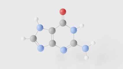 guanine molecule 3d, molecular structure, ball and stick model, structural chemical formula purine base