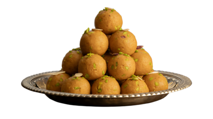 Traditional Indian sweet besan ladoo served on a decorative plate isolated on white background
