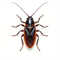Close-up of a detailed black and orange cockroach with shiny exoskeleton, long antennae, and multiple legs on a white background
