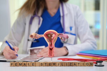 A qualified medical professional engages in a detailed discussion about female sterilization using anatomical models