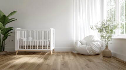 A calming nursery space featuring a sleek white crib, cozy seating, and lush plants that create a soothing atmosphere for both infants and parents in a playful environment.