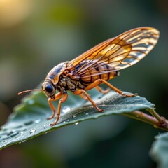 Close-up of a detailed and vibrant cicada insect perched on a green leaf with water droplets, showcasing intricate wing patterns and textured body in natural environment