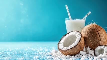 A refreshing coconut drink in a glass with a creamy texture, accompanied by halved coconuts and sprinkled coconut flakes against a bright blue backdrop.