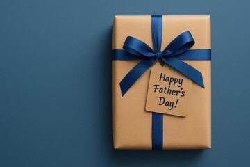 Wrapped Gift with Blue Ribbon and Fathers Day Tag on Solid Dark Blue Background for Special Occasion