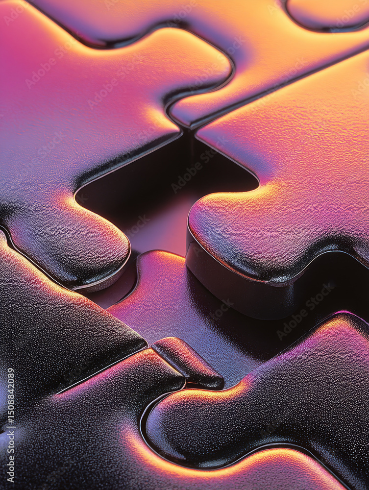 Poster abstract close up of glossy puzzle pieces with missing piece, illuminated by vibrant purple and oran