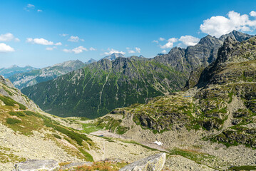 View from hiking trail between Szpiglasowa Przelecz and Morskie Oko in High Tatras mountains in Poland