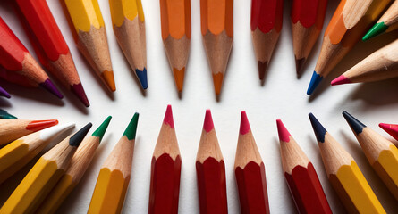 Naklejka premium Red Pencil Among Wooden Pencils Minimalist Symmetrical White Background