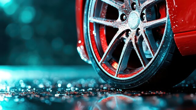 This close-up shot captures a wet car wheel glistening under dramatic lighting, highlighting the intricate design and textures that convey speed and precision.