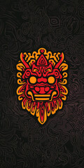 Fototapeta premium Vibrant red and gold traditional Balinese Barong mask with intricate flame patterns on dark ornate background