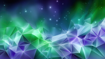 Abstract geometric background with vibrant green, blue, and purple polygon shapes, glowing light effects, and starry night sky, perfect for modern design with space for text