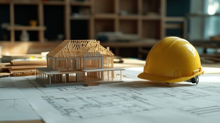 Architectural Model and Yellow Hard Hat on Blueprints