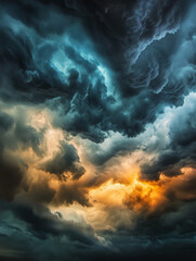 Obraz premium Dramatic storm cloud dark sky swirling clouds vibrant orange and blue light breathtaking moment powerful nature intense atmosphere moody weather awe inspiring scene