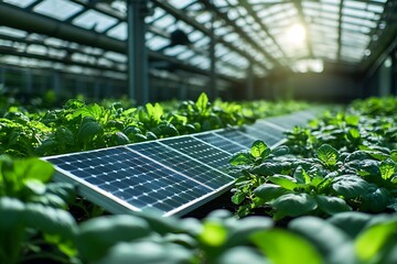 Solar panels powering greenhouse farming for sustainable agriculture and renewable energy production