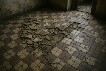 Photo of Damaged checkered tile floor in abandoned room of old building