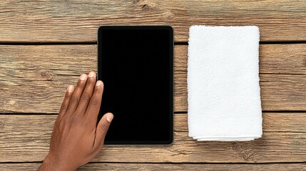 Hand placed over a tablet and a white towel on a wooden surface.