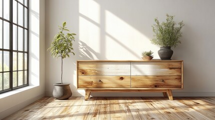 Wooden dresser, sunlit room, plants, window, interior design