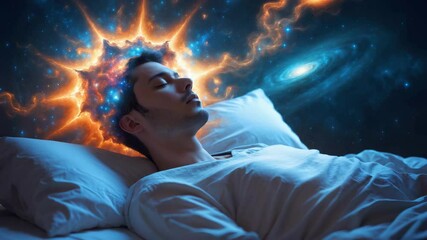 Man sleeping peacefully in bed with vibrant cosmic dream visuals of galaxies and energy flowing around head - Powered by Adobe