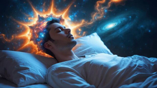 Man sleeping peacefully in bed with vibrant cosmic dream visuals of galaxies and energy flowing around head