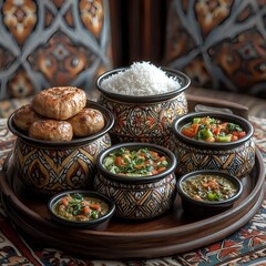 Delicious Middle Eastern Cuisine Rice Meatballs and Vegetable Dishes Served in Ornate Bowls