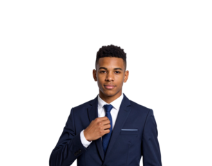 Confident young man in navy suit adjusting patterned blue tie looking forward