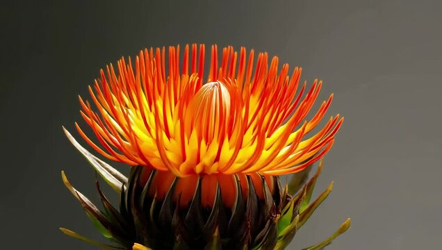 Timelapse of a pincushion protea blooming with exotic orange and yellow filaments, unique and striking appearance, created with generated AI.