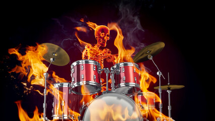 Fire skeleton play drums. 3D render with real fire flames filmed in slow motion.