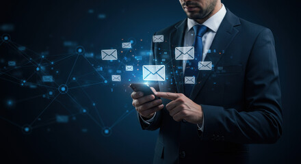Business Communication: A professional man in his thirties uses a smartphone to send emails, surrounded by an interconnected network of messages.