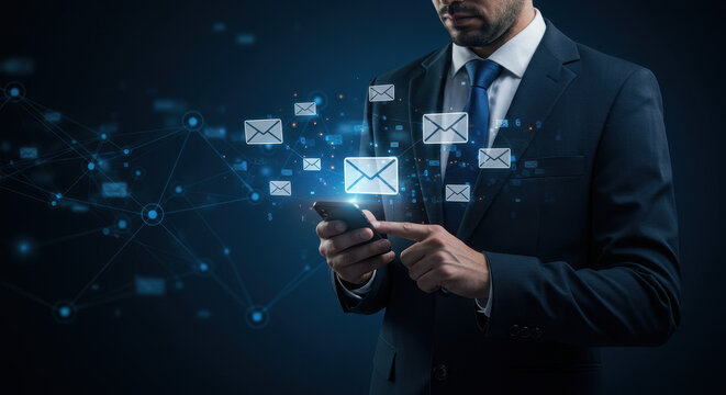 Business Communication: A professional man in his thirties uses a smartphone to send emails, surrounded by an interconnected network of messages.