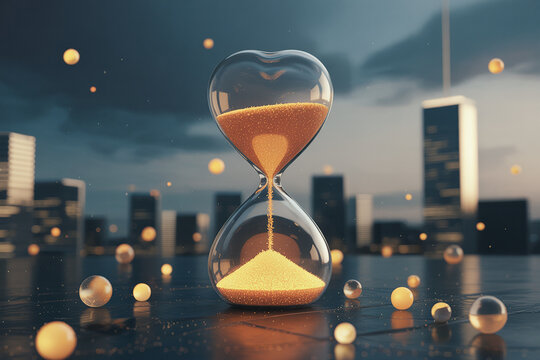 Ethereal Digital Art of Heart Glass Hourglass with Glowing Particles and Urban Background (1)
