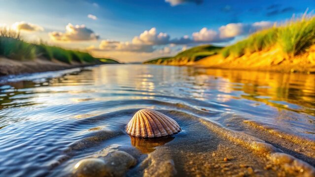 A shell partially submerged in the gentle flow of a stream at Kiikduin beach in the Netherlands , landscape