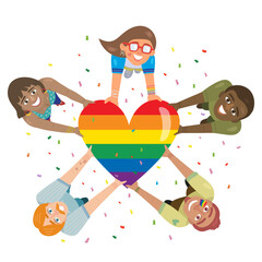 Group Diverse People Holding Heart Rainbow Pride. Unite as one. Celebrates LGBT pride month. Illustration, Poster, Vector , Background or wallpaper. Illustration Vector Cartoon.