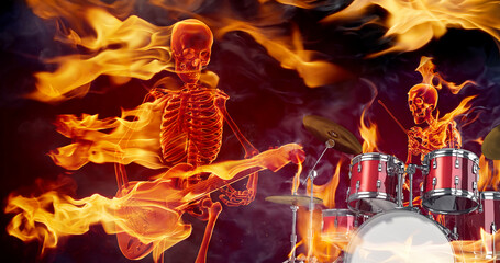 Fire skeletons play guitar and drums. Scary rock band. 3D render with real fire flames filmed in slow motion.