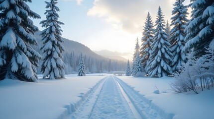 Serene winter landscape featuring a snow-covered road leading through a forest of pine trees. Ideal for travel, nature, or seasonal themes.