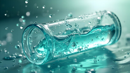 Teal Droplets: Crystal-Clear Tube with Oceanic Lighting and Fluid Dynamics