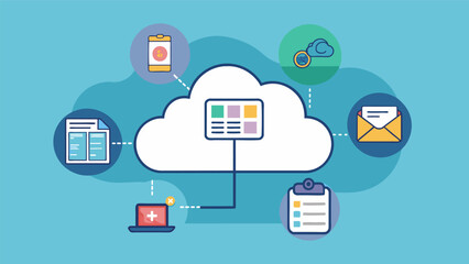 A cloudshaped graphic with different types of data such as patient history medication records and lab results all stored and accessible from one central location for streamlined. Vector illustration