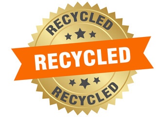 recycled. recycled round orange and gold label isolated on transparent background