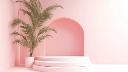 Pink Minimalist Studio with Palm Plant and Circular Podium
