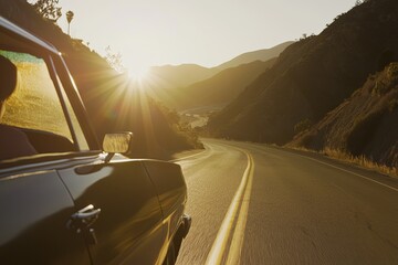 A young adult experiences the thrill of driving a rented car down a scenic highway. The sunlight bathes the scene, symbolizing the freedom that comes with travel.