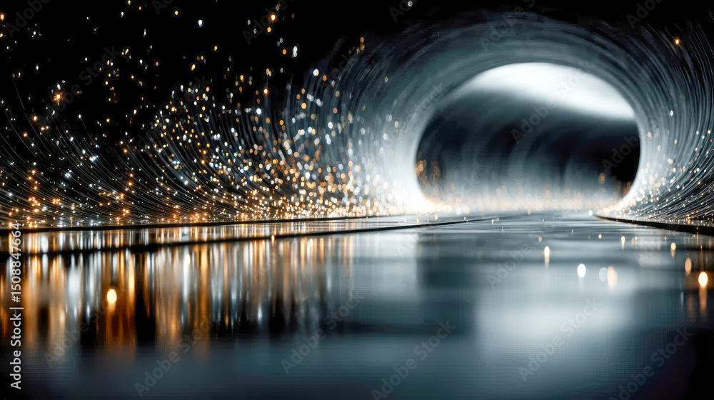 Poster shimmering fiber optic tunnel with glowing data points forming a surreal digital vortex