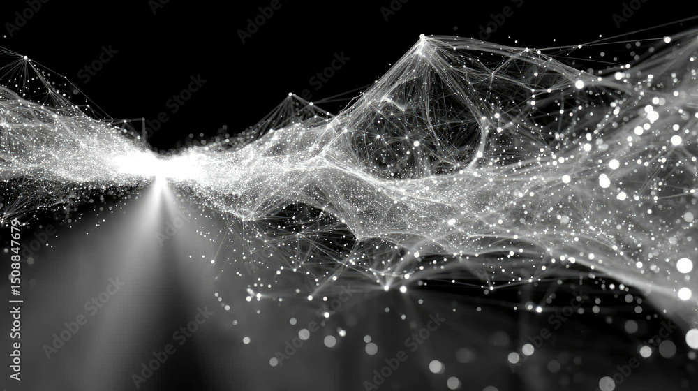 Poster abstract visualization of a glowing data stream tunnel with white particles and motion blur effects,