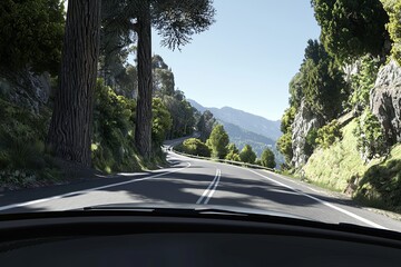 A scenic road viewed from a vehicle s perspective, encouraging adventurous journeys with rental cars.